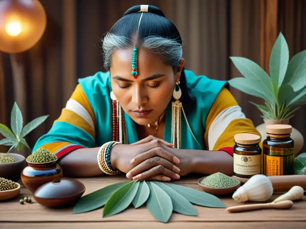 Un sanador indígena rodeado de hierbas y suplementos naturales en rituales indígenas