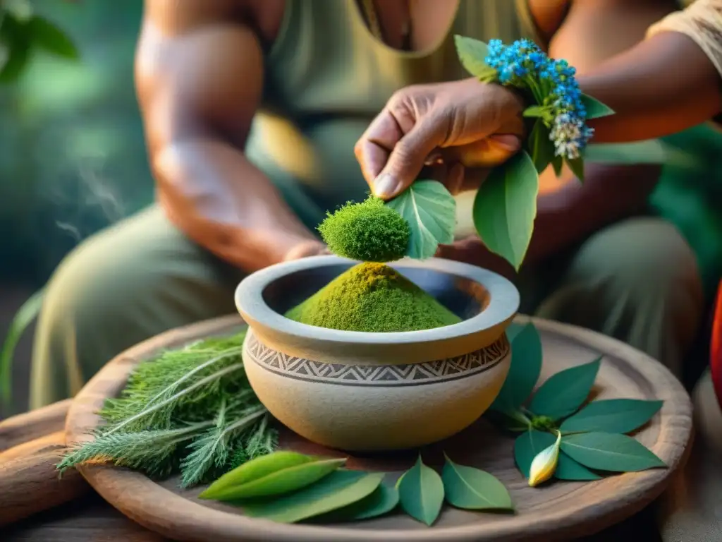 Un sanador indígena prepara con sabiduría una medicina de plantas, transformando hojas verdes y flores en un mortero rústico