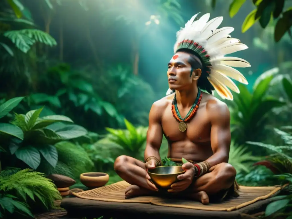 Un sanador indígena de la selva amazónica rodeado de hierbas medicinales vibrantes, preparando una poción