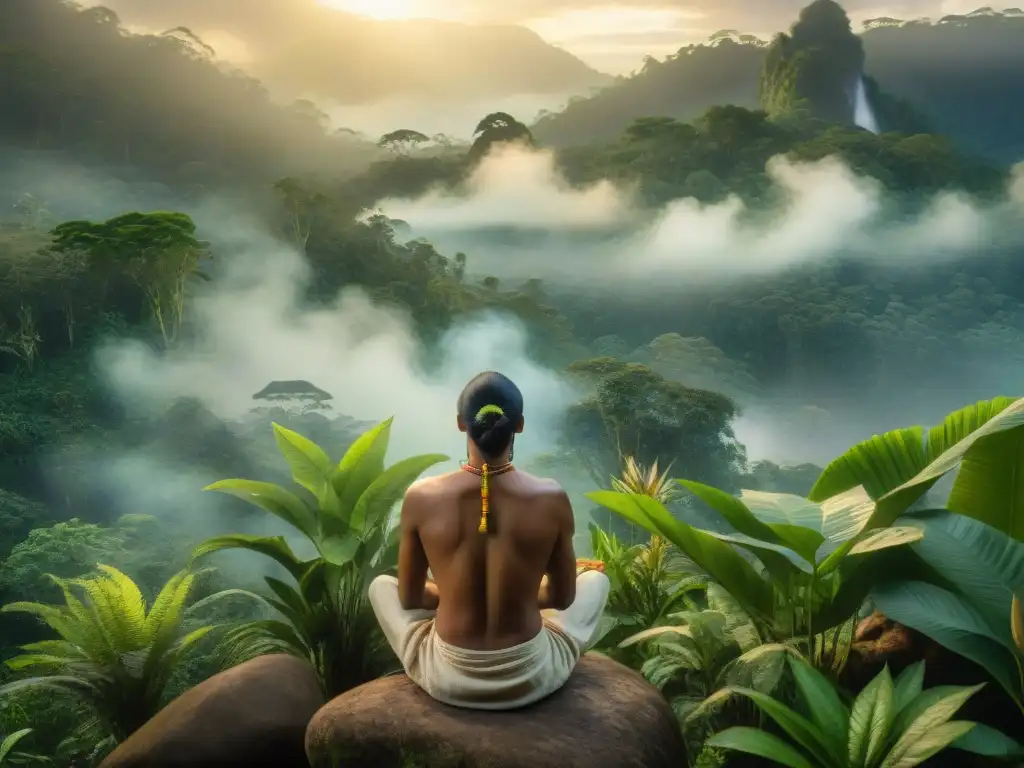 Sanador indígena en la selva amazónica preparando poción con hierbas medicinales culturas indígenas Américas