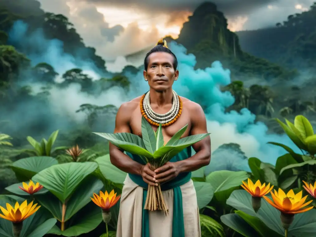 Un sanador indígena en la selva amazónica rodeado de plantas, realizando una ceremonia con humo de hierbas