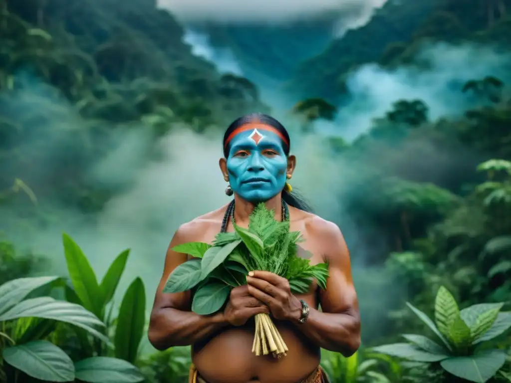 Un sanador indígena de la selva amazónica con hierbas medicinales, pinturas corporales y una conexión ancestral a la naturaleza