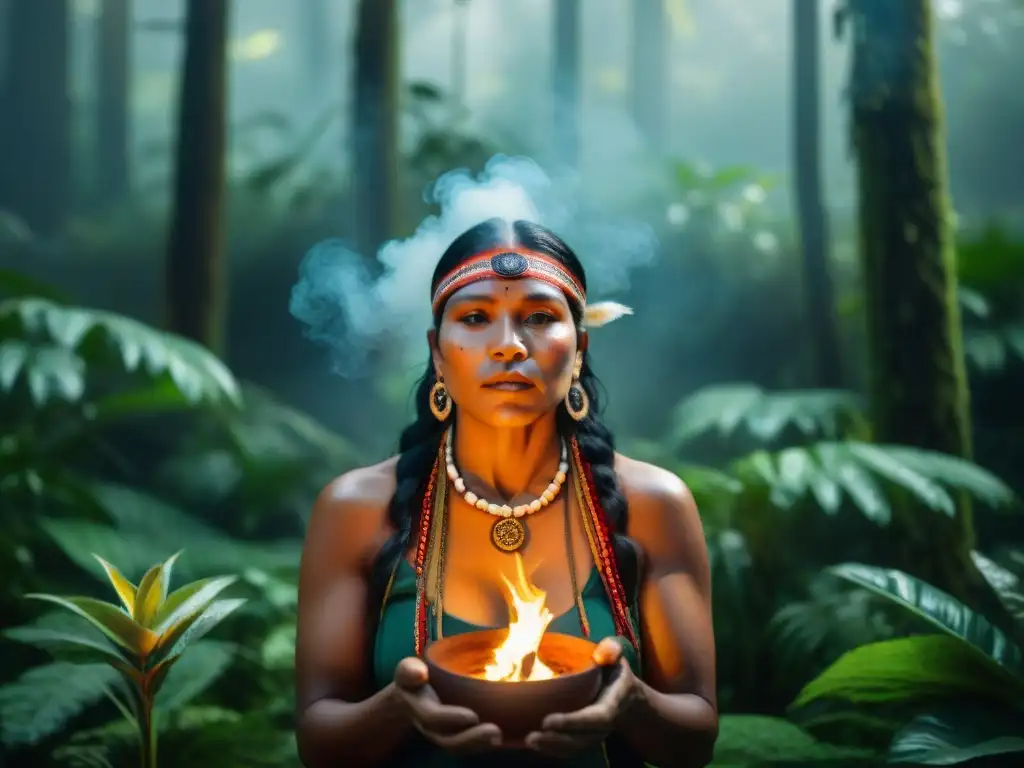 Un sanador indígena en la selva, iluminado por el fuego, realiza un ritual sagrado