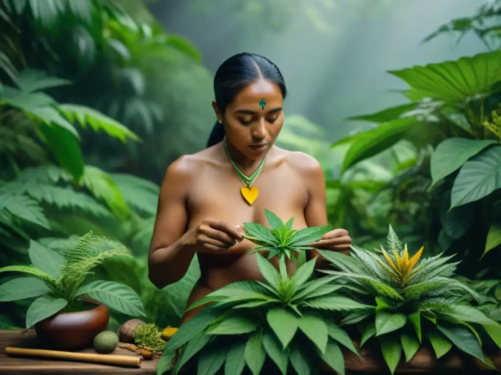 Un sanador indígena en la selva preparando medicina herbal nativa en América