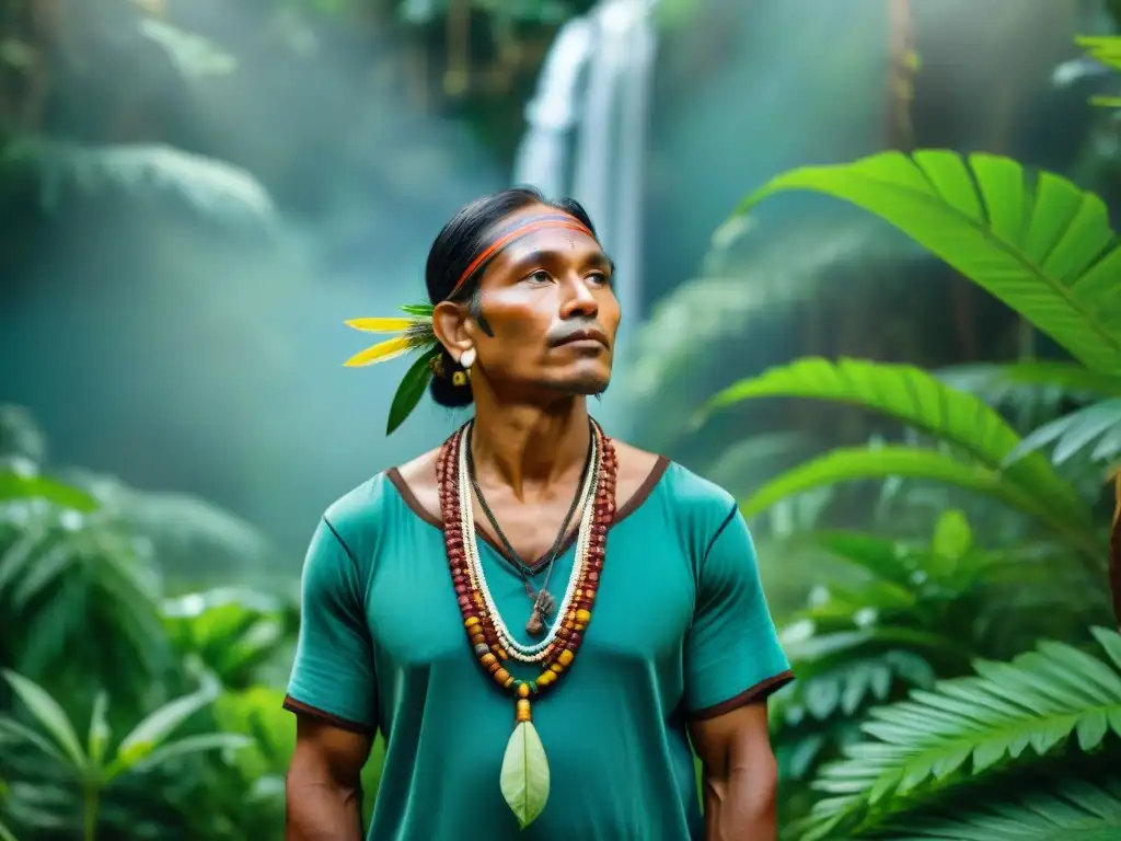 Un sanador indígena en la selva recolectando plantas medicinales, rodeado de naturaleza y aves coloridas