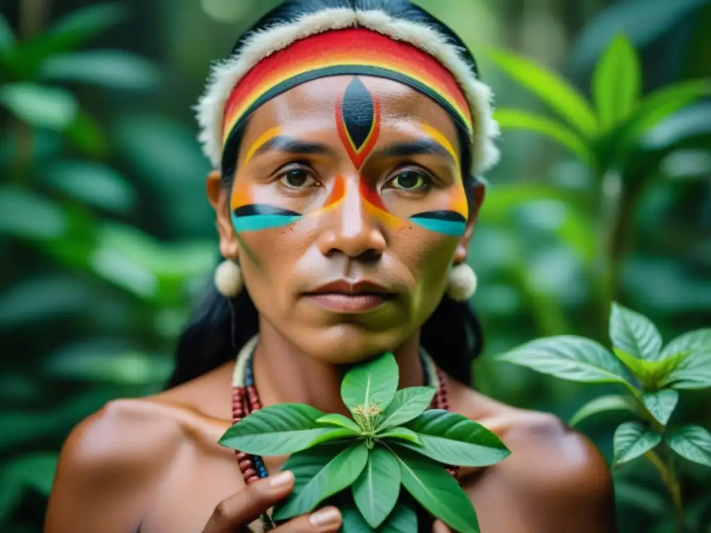 Un sanador indígena de la selva amazónica sostiene plantas medicinales con colores y texturas vibrantes