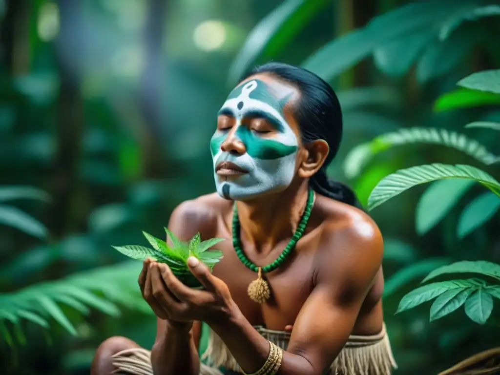 Un sanador indígena en la selva amazónica realiza un ritual de limpieza con hierbas medicinales