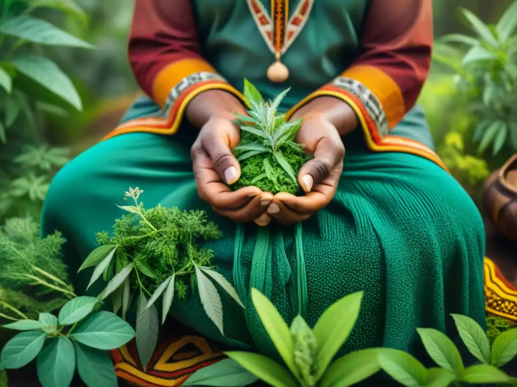 Sanador indígena en la selva con símbolos de medicina herbal nativa