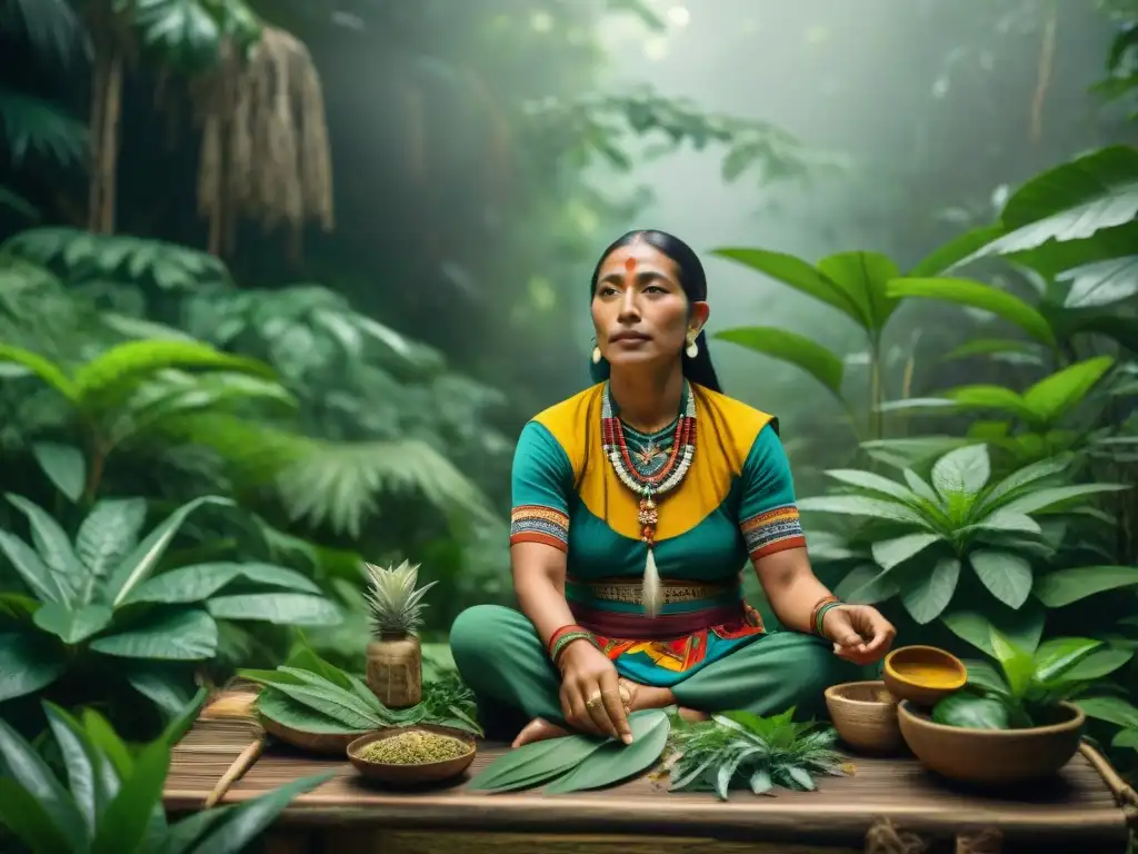 Un sanador Maya en la selva selecciona hierbas para remedios, mostrando la conexión entre la cultura y la Medicina Herbal Maya Secretos