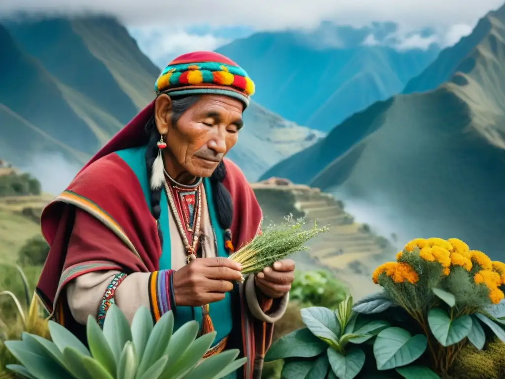 Sanador quechua recolectando hierbas medicinales en la mística mañana de los Andes