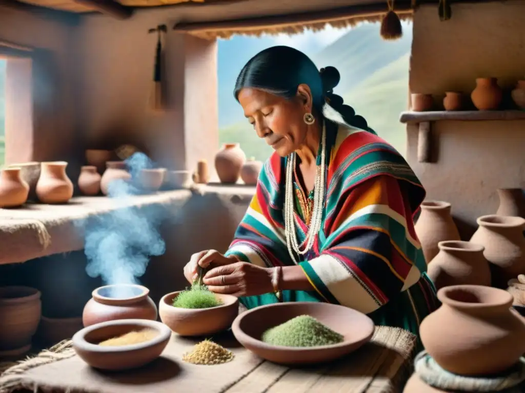 Un sanador Quechua preparando hierbas medicinales en una cocina andina