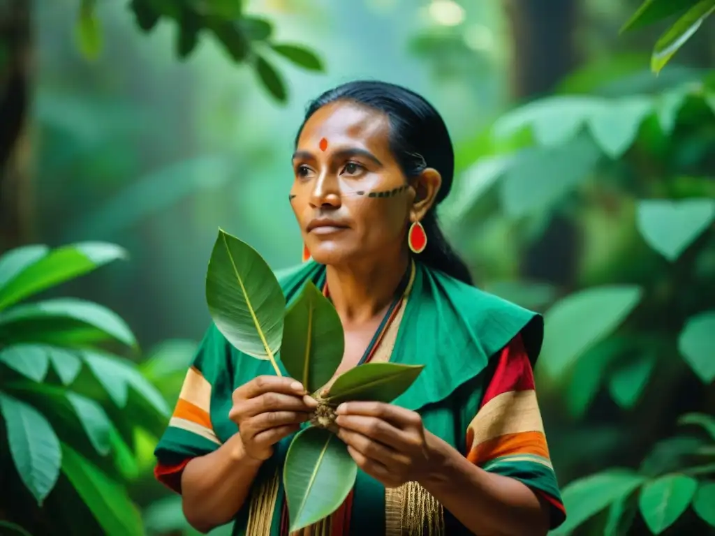 Un sanador tradicional mesoamericano sostiene hojas de ceiba en la selva