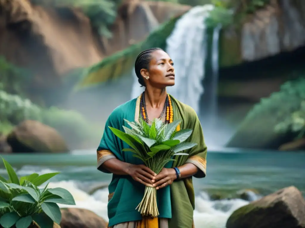 Un sanador tradicional en armonía con la naturaleza, sosteniendo hierbas nativas frente a una cascada