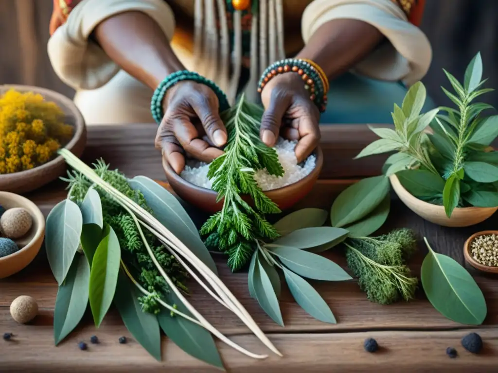 Un sanador tradicional selecciona plantas para rituales de curación con plantas