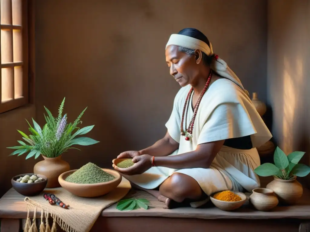 Sanador tradicional realiza ritual de curación con hierbas medicinales