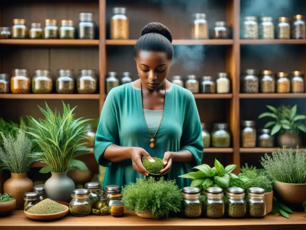 Un sanador tradicional rodeado de hierbas, preparando medicina herbal nativa elementos con sabiduría y conexión a la naturaleza