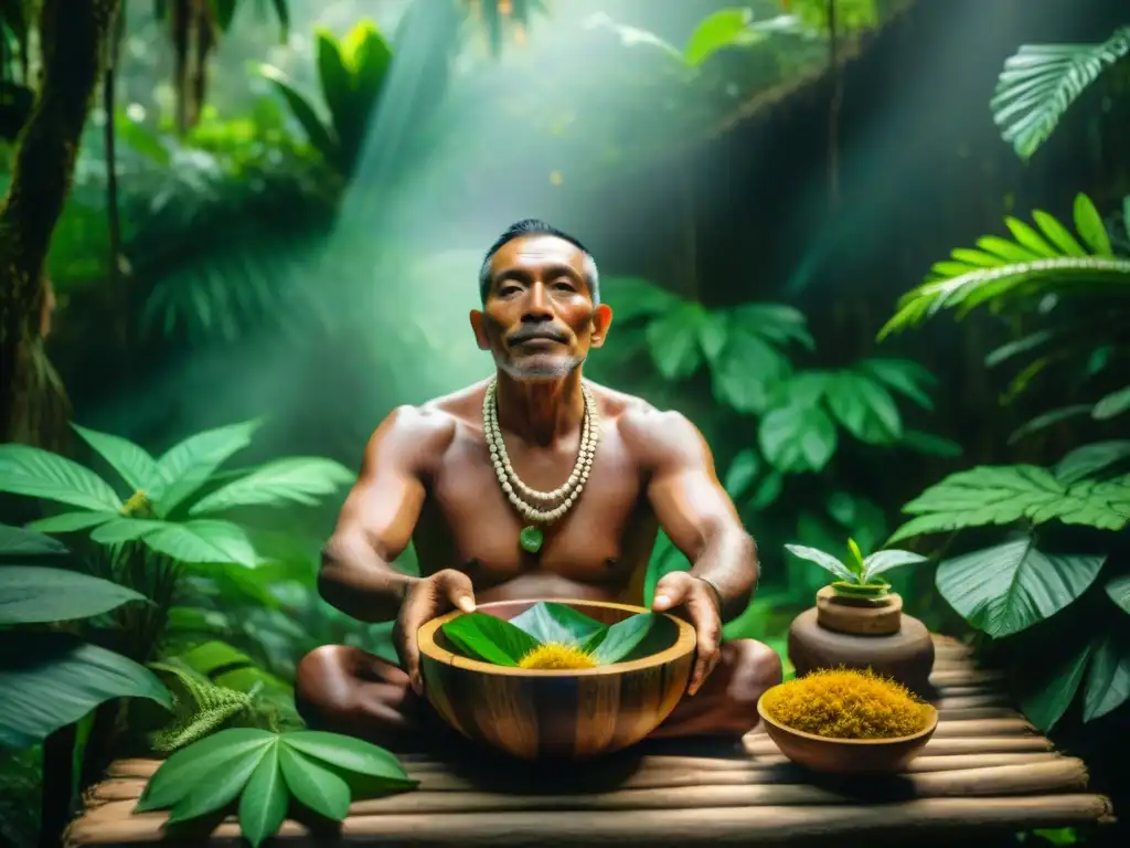 Un sanador tradicional en la selva amazónica preparando un remedio ancestral con ingredientes naturales