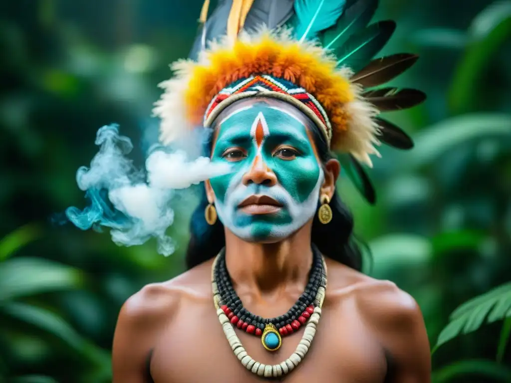 Sanadora indígena amazónica realizando ritual sagrado entre vegetación exuberante y plumas coloridas