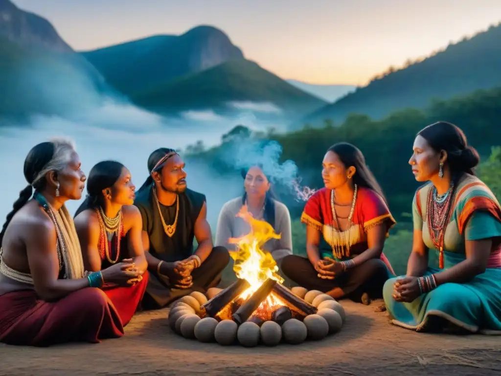 Sanadores indígenas realizan ceremonia alrededor del fuego, promoviendo salud mental en culturas indígenas