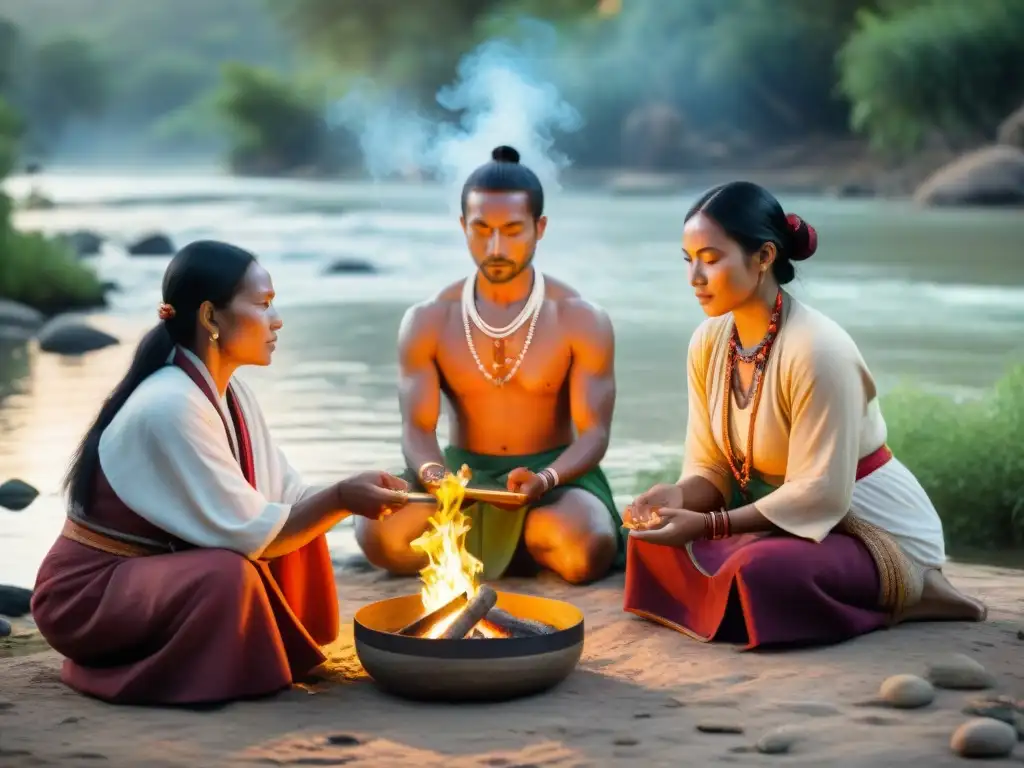 Sanadores indígenas realizan ritual de limpieza en río al atardecer