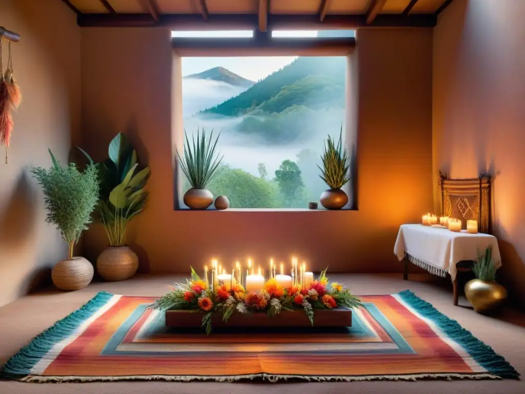 Un santuario de sanación indígena con tapices tejidos a mano, velas y un altar colorido en una cálida luz de atardecer