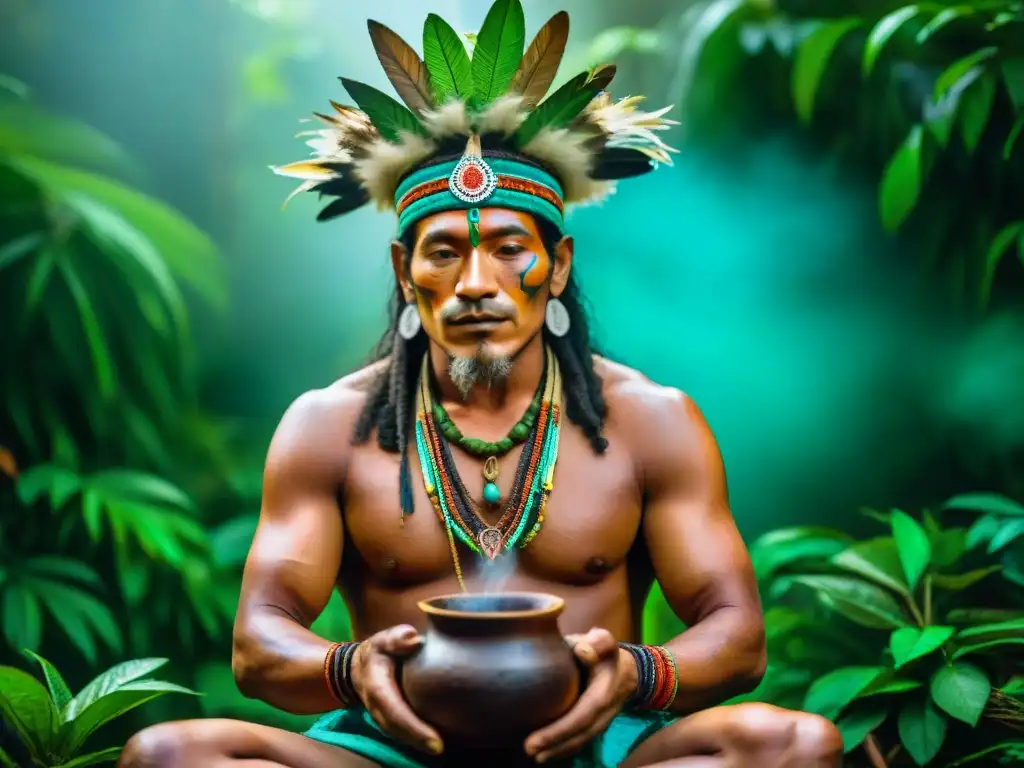 Shamán de la selva amazónica preparando Ayahuasca, inmerso en ritual con símbolos y vegetación exuberante