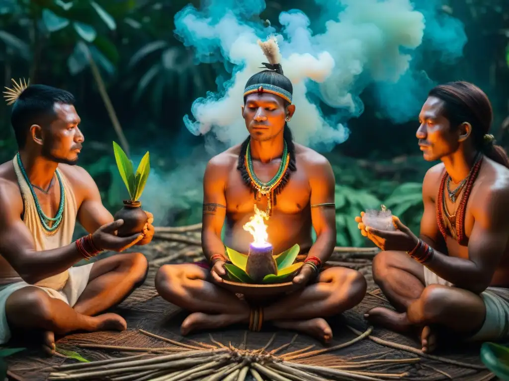 Shamán de la selva amazónica realizando una ceremonia de Ayahuasca al atardecer, resaltando el uso tradicional de la Ayahuasca