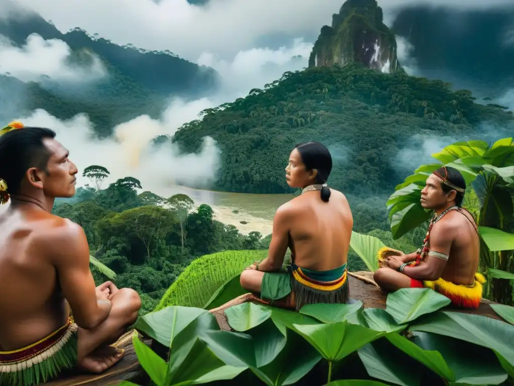 Conexión ancestral: Ceremonia indígena en la selva amazónica En la selva amazónica, indígenas realizan ceremonia conectados con la naturaleza y la comunidad, reflejando la filosofía indígena Américas cosmovisión