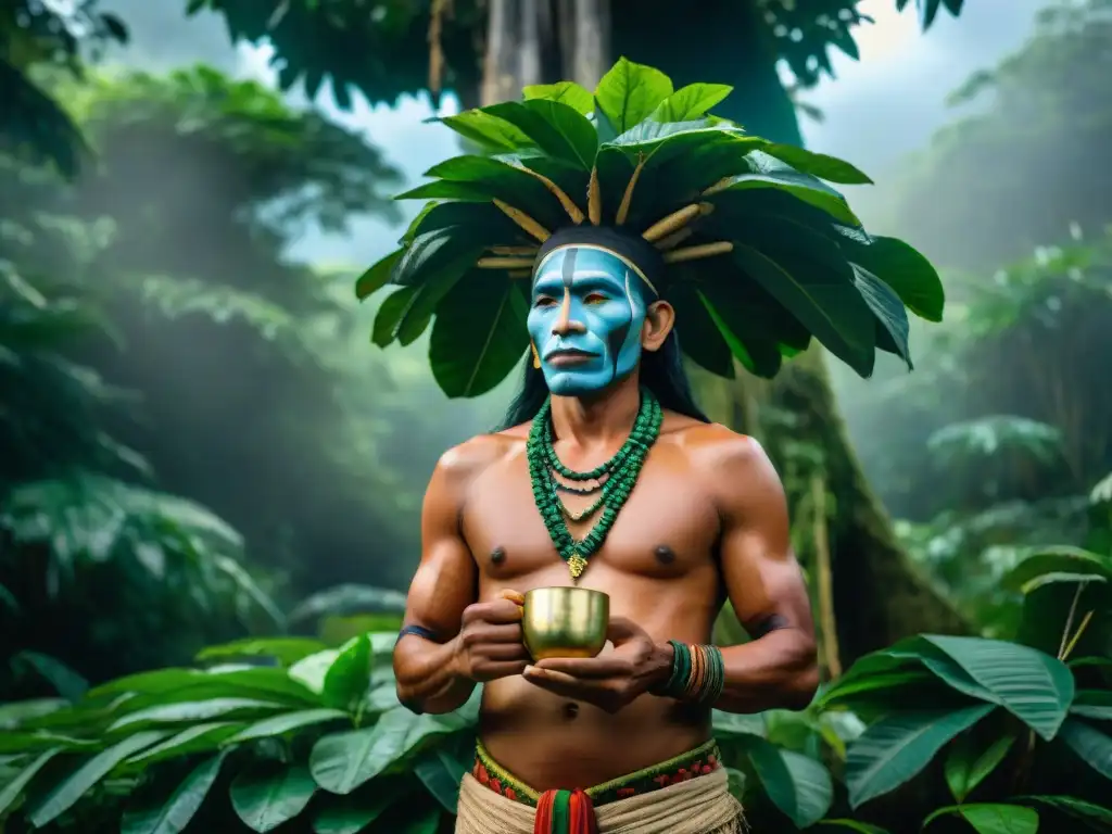 Un chamán Kichwa indígena en la selva amazónica, junto a un árbol Guayusa al atardecer