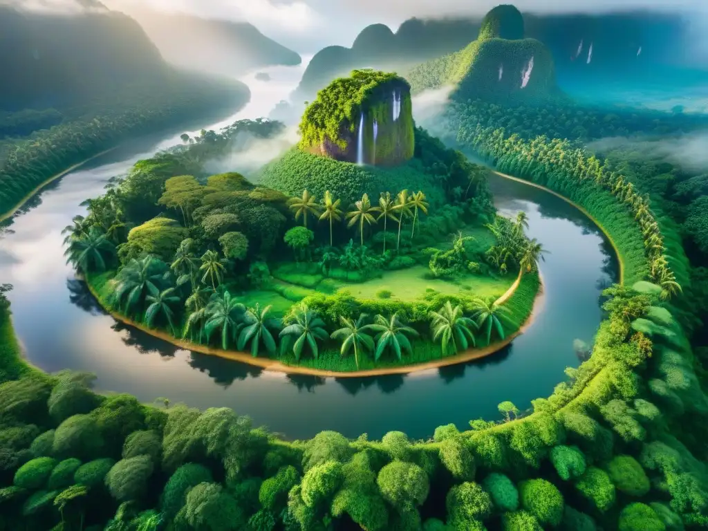 Una selva exuberante con árboles antiguos, río cristalino y aldeas indígenas