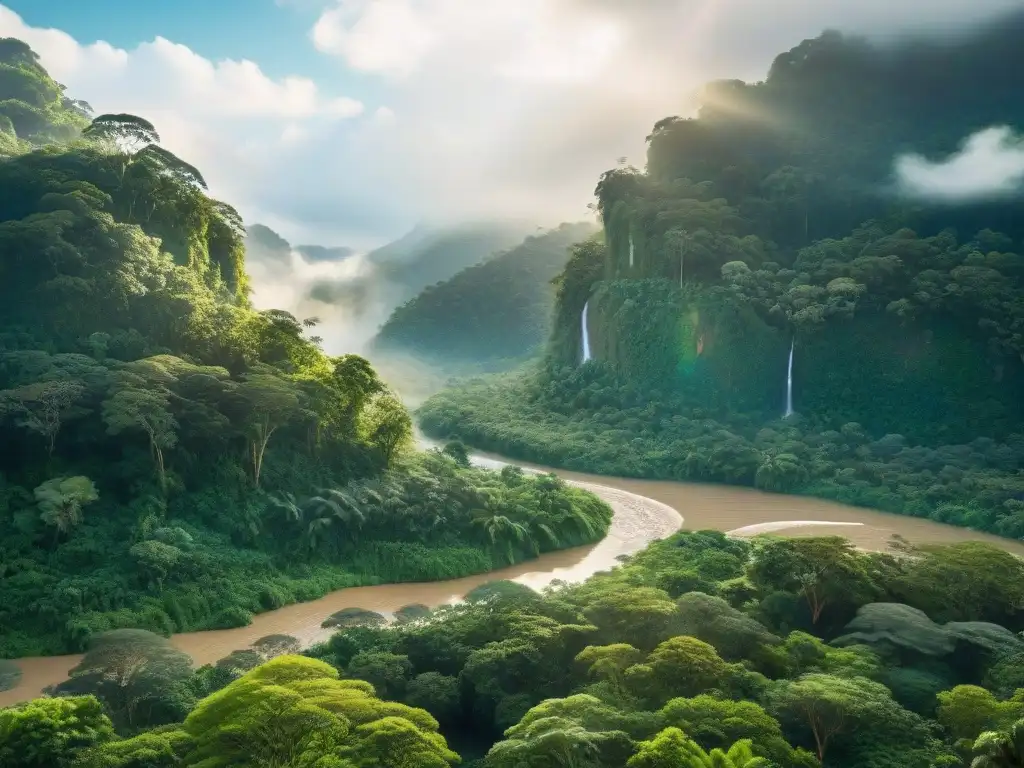 Selva exuberante con árboles gigantes, luz filtrando entre el dosel y río sereno