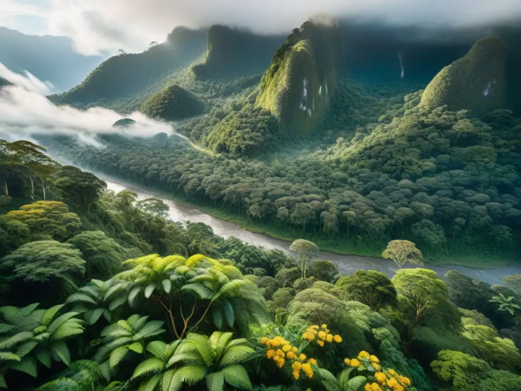 Selva exuberante: misterio y maravilla en la naturaleza virgen Una selva exuberante y misteriosa con ríos y montañas, iluminada por el sol