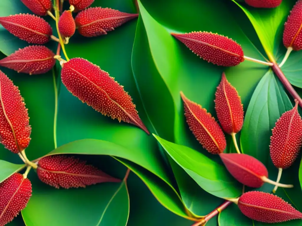 Semillas de achiote en patrón indígena con hojas verdes, resaltando su color rojo intenso y textura