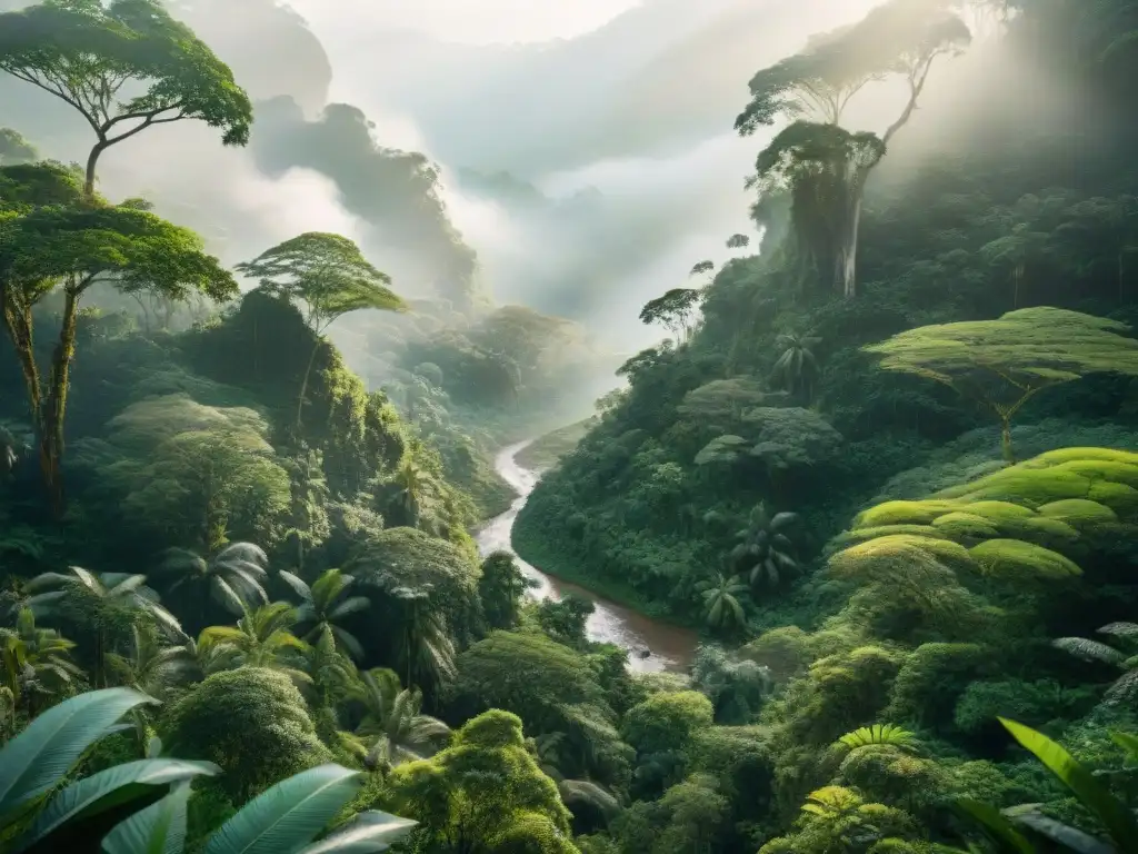 Un sendero oculto serpentea entre árboles antiguos en una exuberante selva, evocando un viaje por rutas ancestrales indígenas