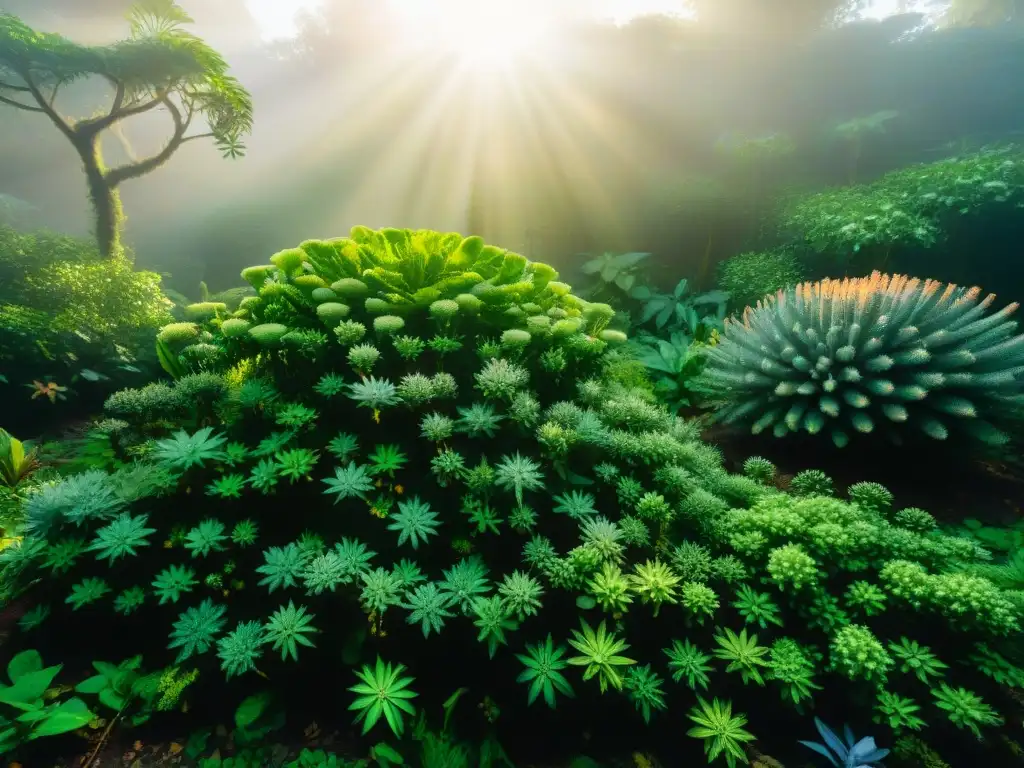 Jardín botánico sereno al amanecer con plantas sagradas como ayahuasca, peyote y salvia, mostrando su nombre científico y tradicional