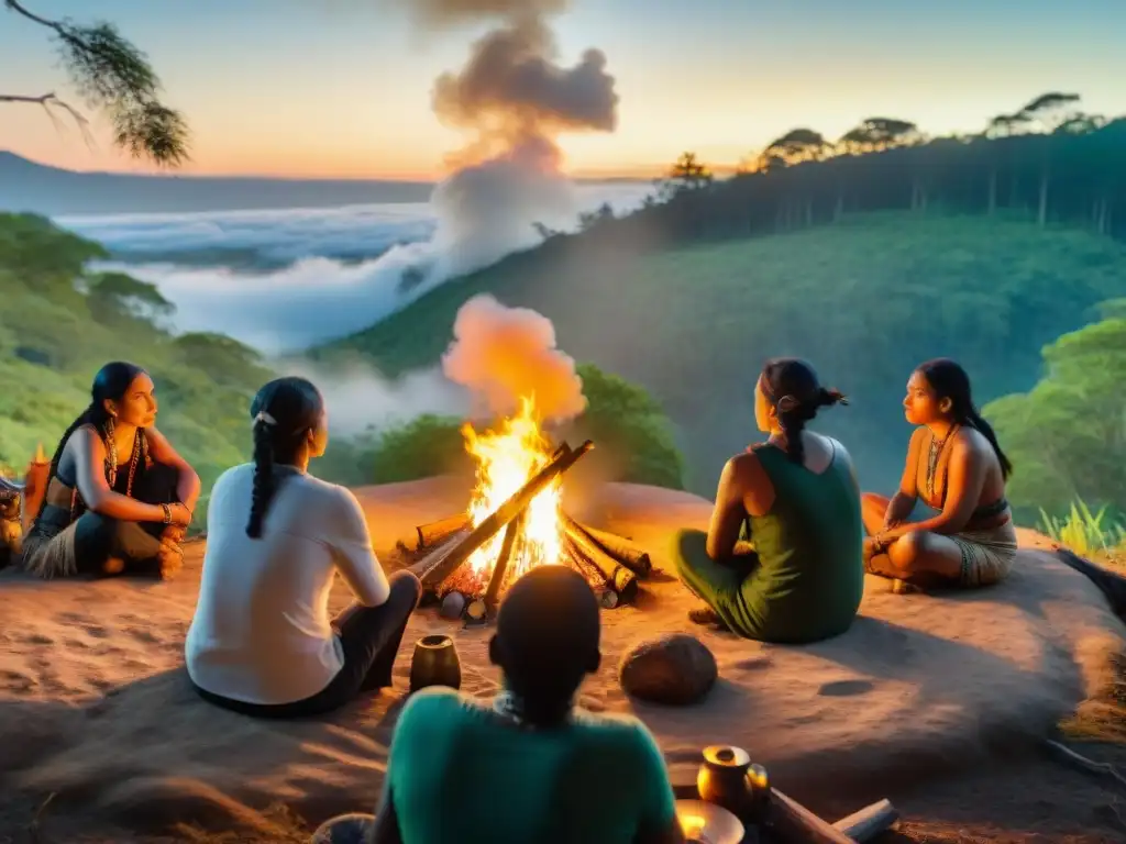 Serie indígena: activistas reunidos alrededor de fogata en bosque, mostrando unidad y resiliencia en luchas actuales