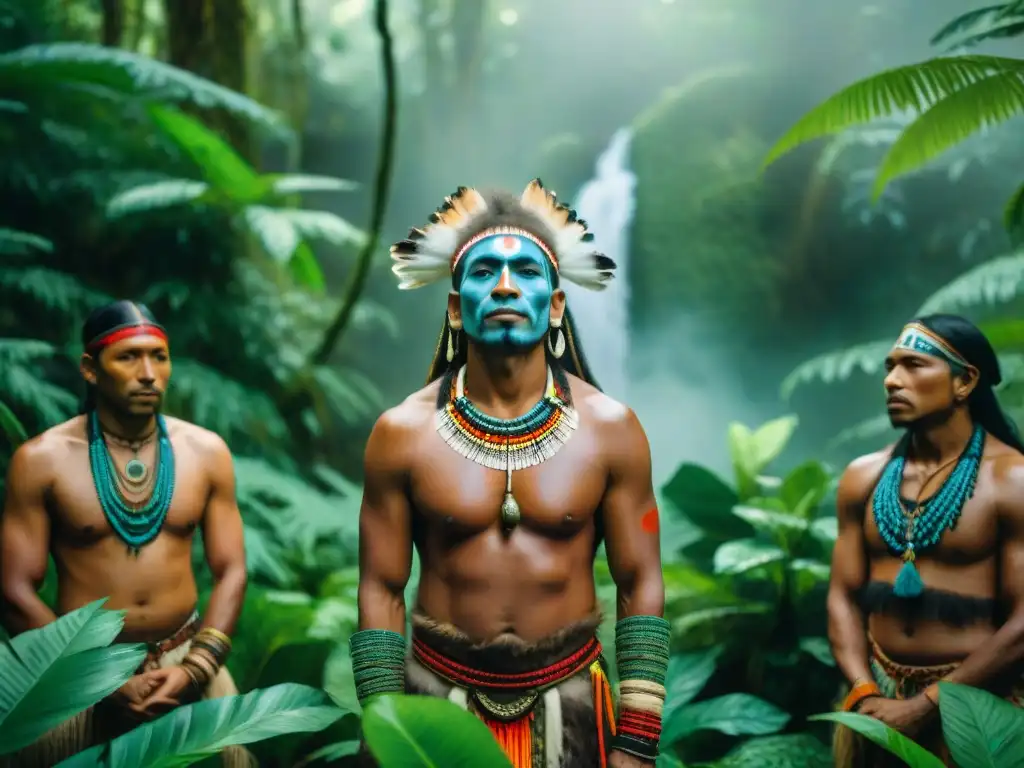 Sanación espiritual: Chamán en la selva con tribu Un shaman de una tribu indígena americana realiza una ceremonia de curación espiritual en la selva exuberante
