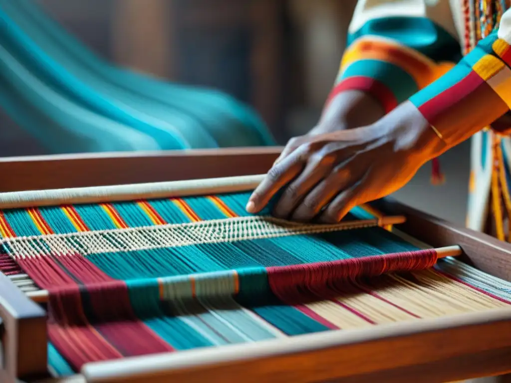 Significado textiles indígenas Américas: Expertas manos indígenas tejen vibrantes hilos en telar de madera, fusionando tradición y modernidad