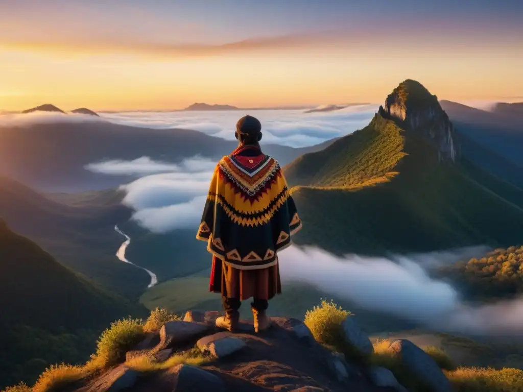 Silueta de indígena en la cima de la montaña, al amanecer, muestra la resistencia y lucha de la literatura indígena por la supervivencia