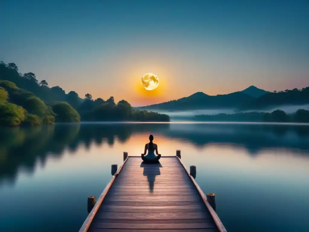 Silueta meditando bajo la luna llena en lago sereno