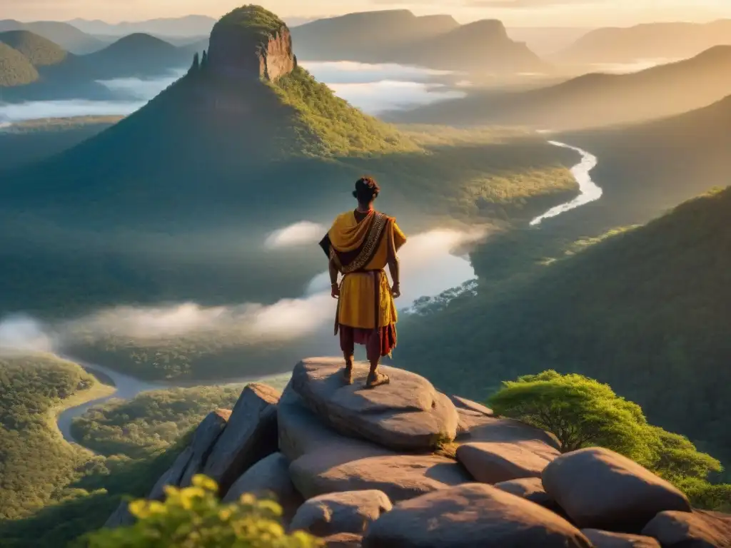 Silueta de indígena en montaña sagrada al amanecer con petroglifos, paisaje natural exuberante