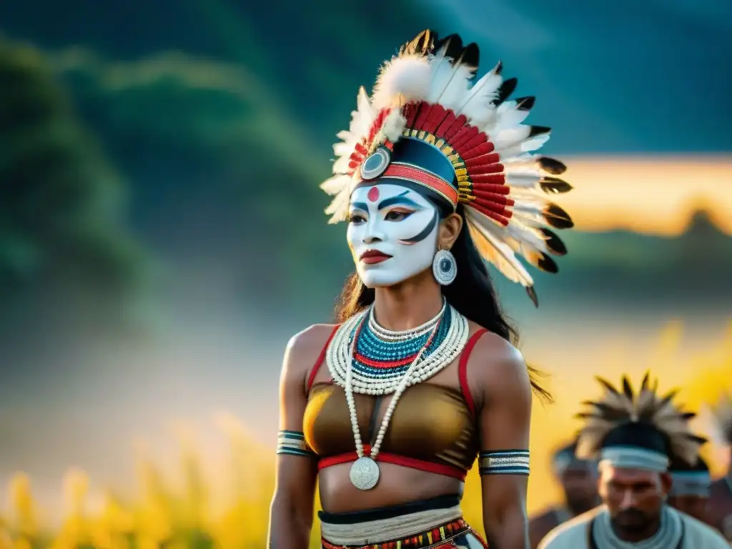 Simbolismo de danzas tradicionales en ceremonia indígena, con trajes vibrantes y movimientos dinámicos bajo un cielo dorado