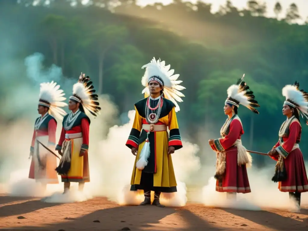 Sincretismo cultural festividades rituales: Danza tradicional indígena en un bosque al atardecer