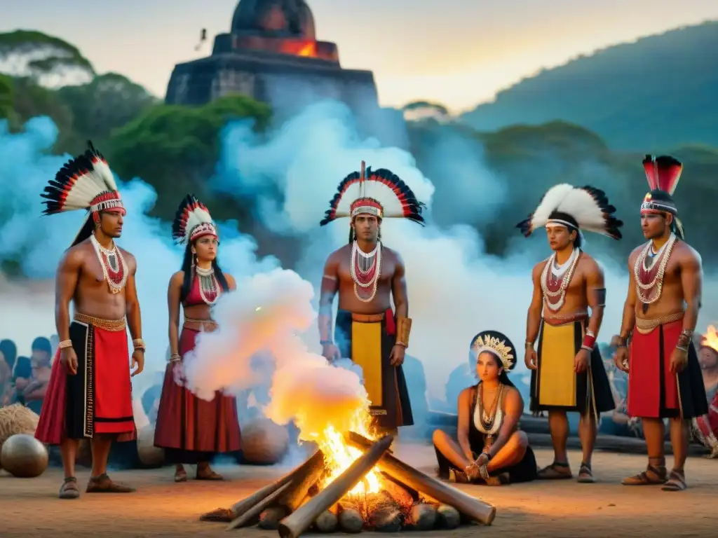 Sincretismo cultural festividades rituales: Baile sagrado alrededor de fogata en ambiente colonial con atuendos vibrantes y arquitectura de fondo