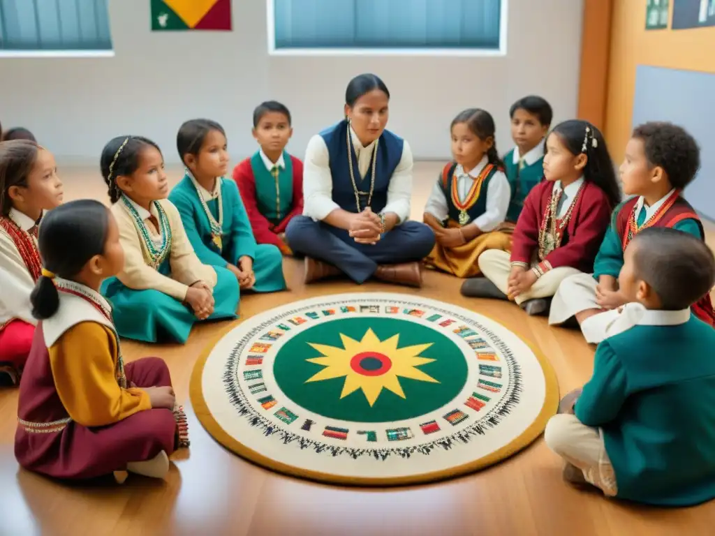 Solidaridad con luchas indígenas en escuelas: Niños indígenas aprenden con orgullo su cultura en aula colorida