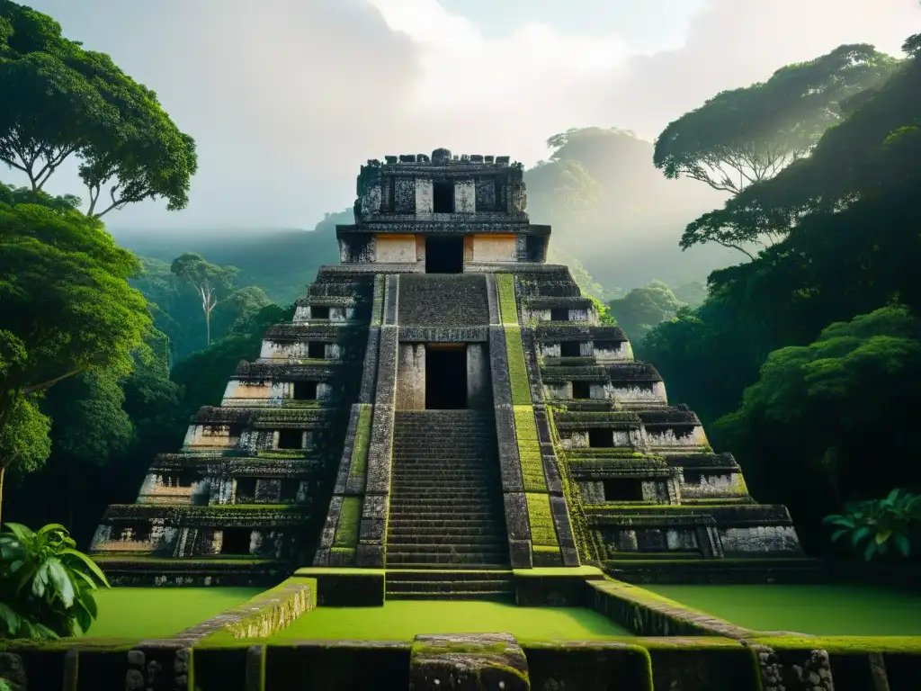 Sostenibilidad en arquitectura maya: Templo maya rodeado de exuberante jungla, fusión perfecta entre naturaleza y arte ancestral