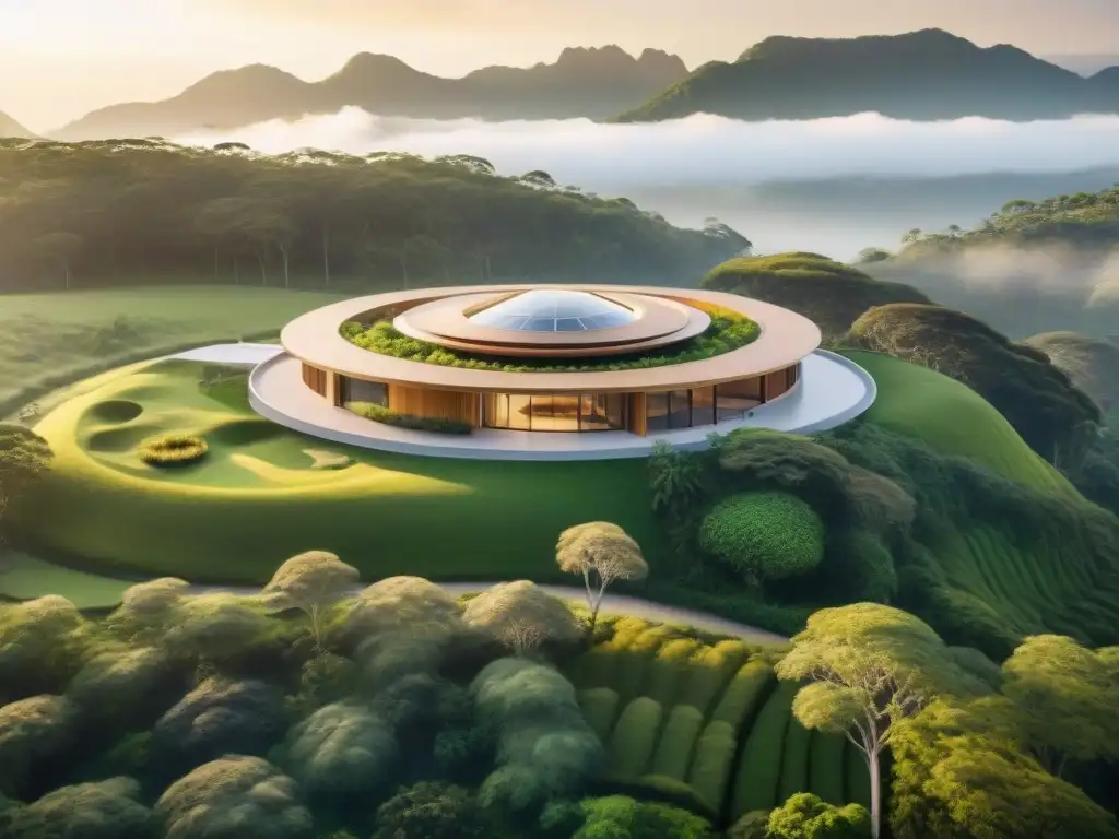 Edificación sostenible en paisaje verde con cosmovisión indígena y diseño arquitectónico innovador al atardecer