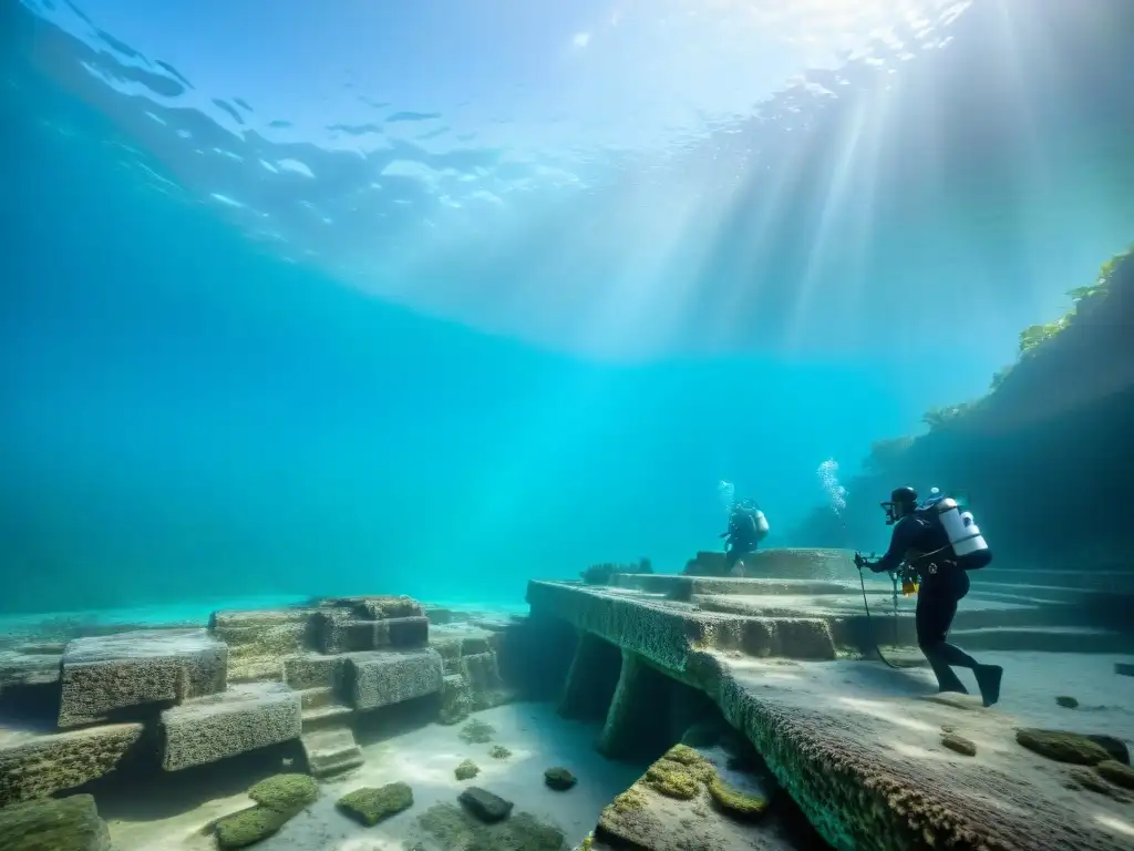 Exploración submarina de ruinas mayas con descubrimientos arqueológicos en cenote