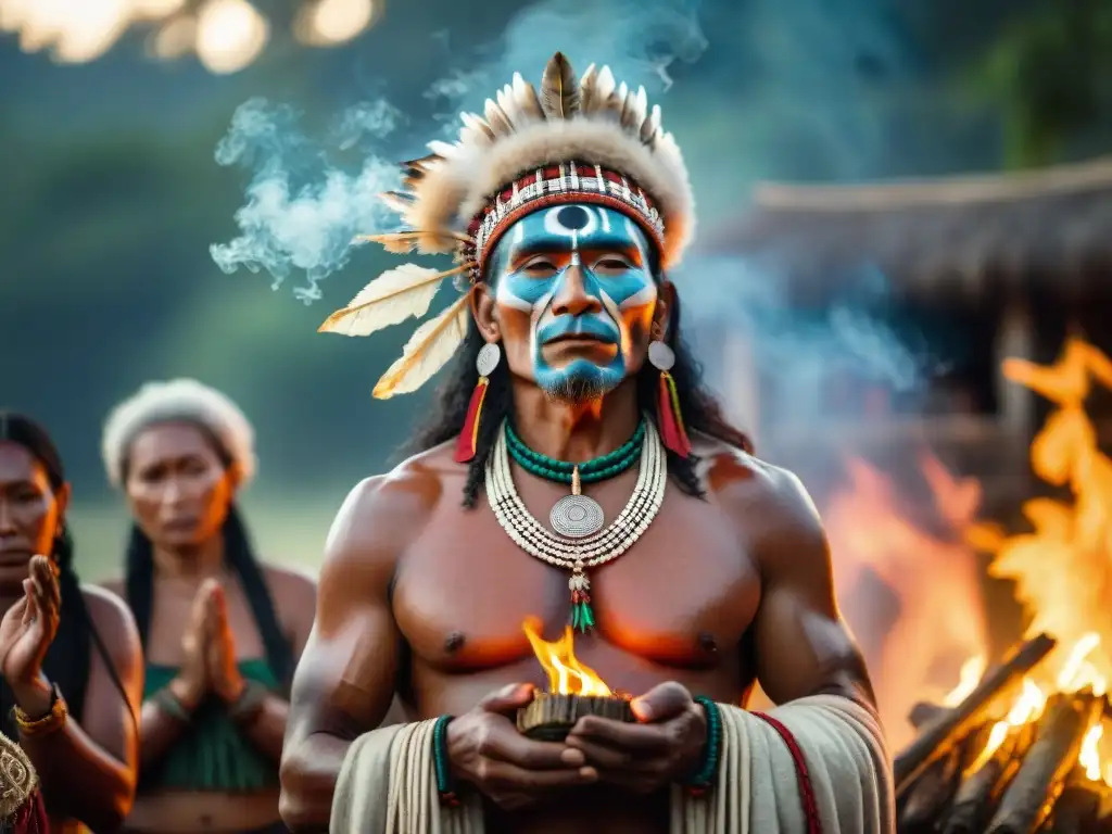 Un chamán indígena ofrece tabaco sagrado en un ritual ceremonial, rodeado de su comunidad