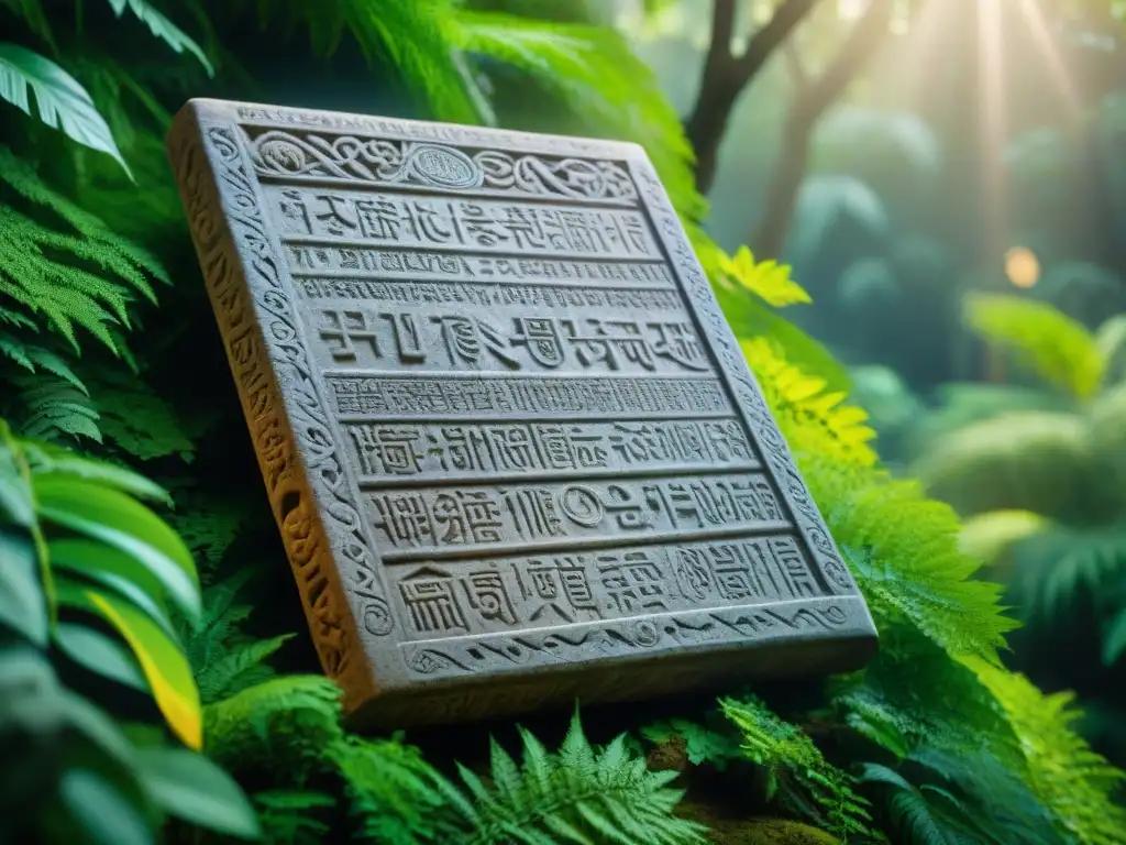 Una tableta de piedra antigua cubierta de lenguajes indígenas perdidos en la historia, rodeada de naturaleza exuberante y luz solar